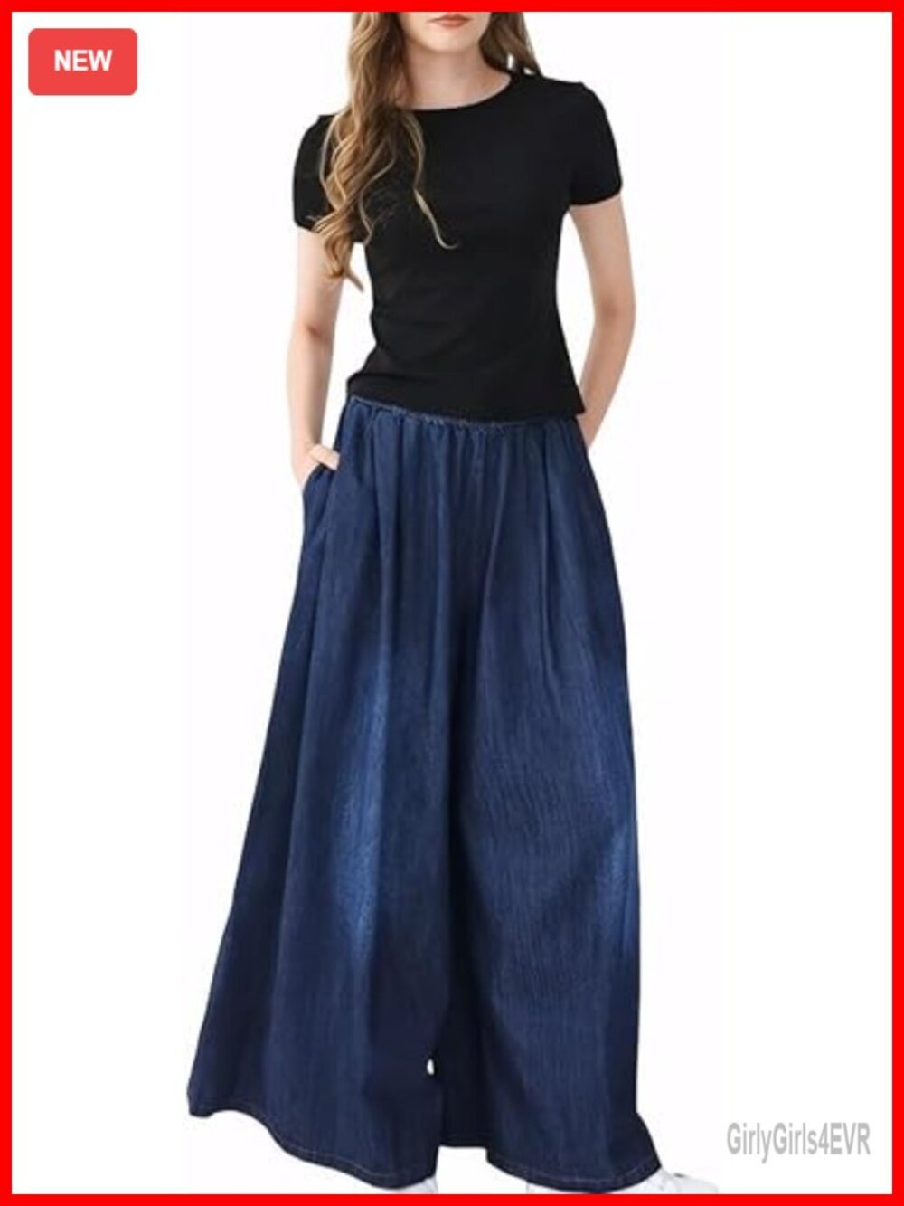 Extra Wide Leg Denim Jeans Elastic Waist with Pockets Loose Fit